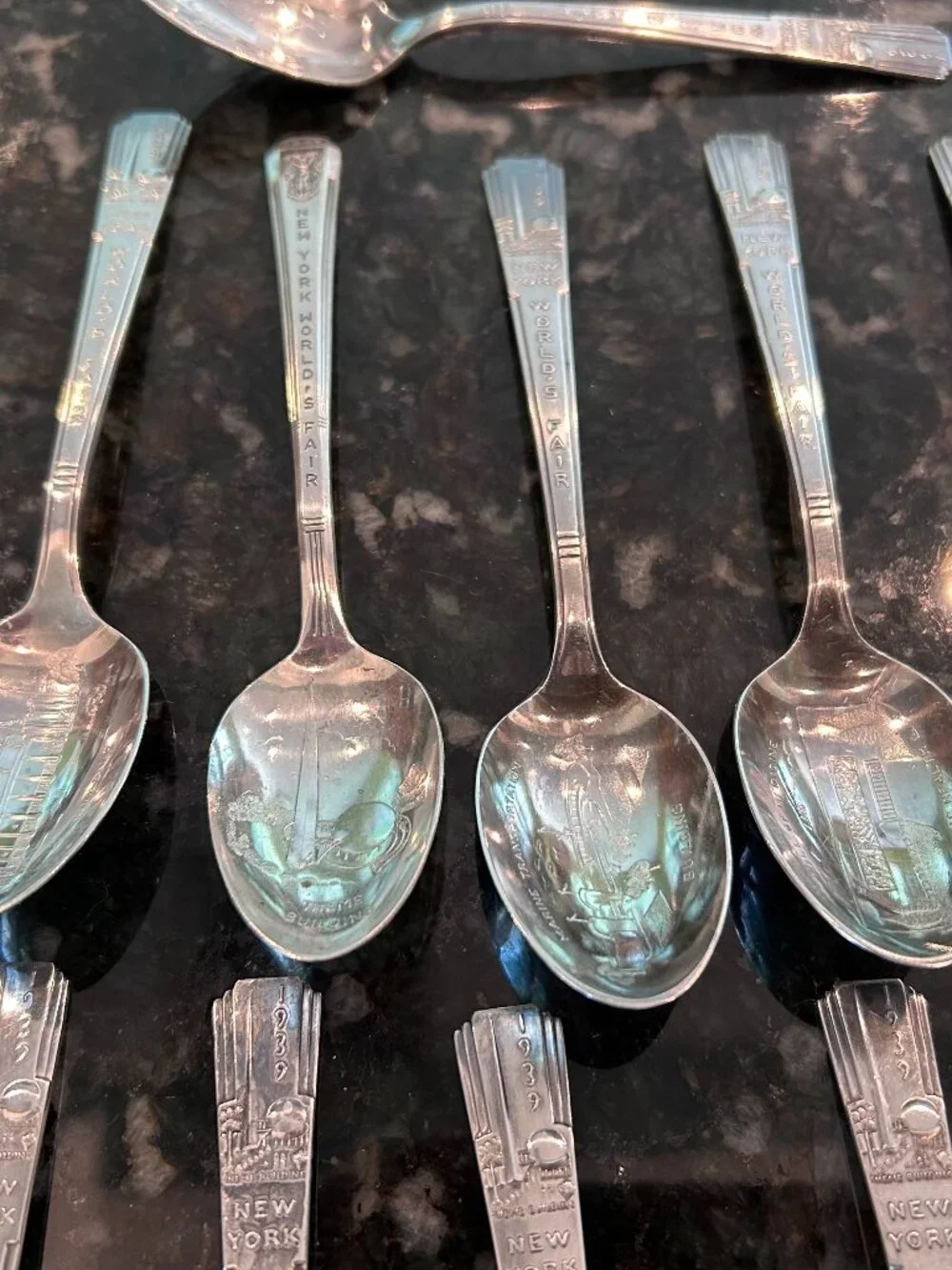 Lot of 11 Different 1939 World's Fair Silver-Plate Souvenir Spoons Wm Rogers Mfg